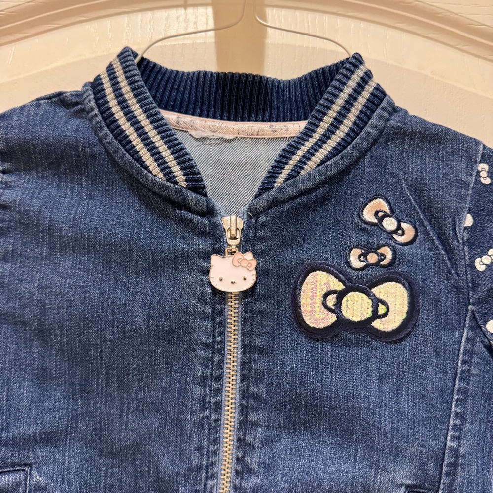 Vtg Kids Girls Hello Kitty 5T Denim Bomber Jacket Blue Sequin Bow Zipper Charm - Picture 2 of 16
